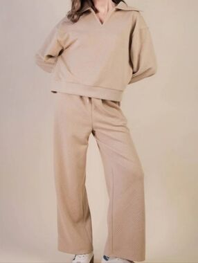Very J Soft Textured Knit Comfy Casual Wide-Leg Set in Beige